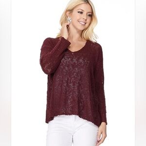 Ye Mak Burgundy V-Neck Sweater Lightweight Pullover Summer Open Knit Sz Small